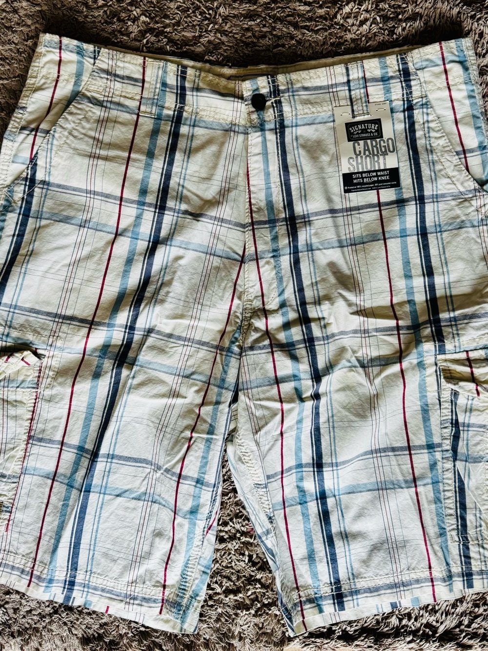 Brand New Mens Levi’s Signature Plaid Cargo Shorts White with Blue & Red Stripes
